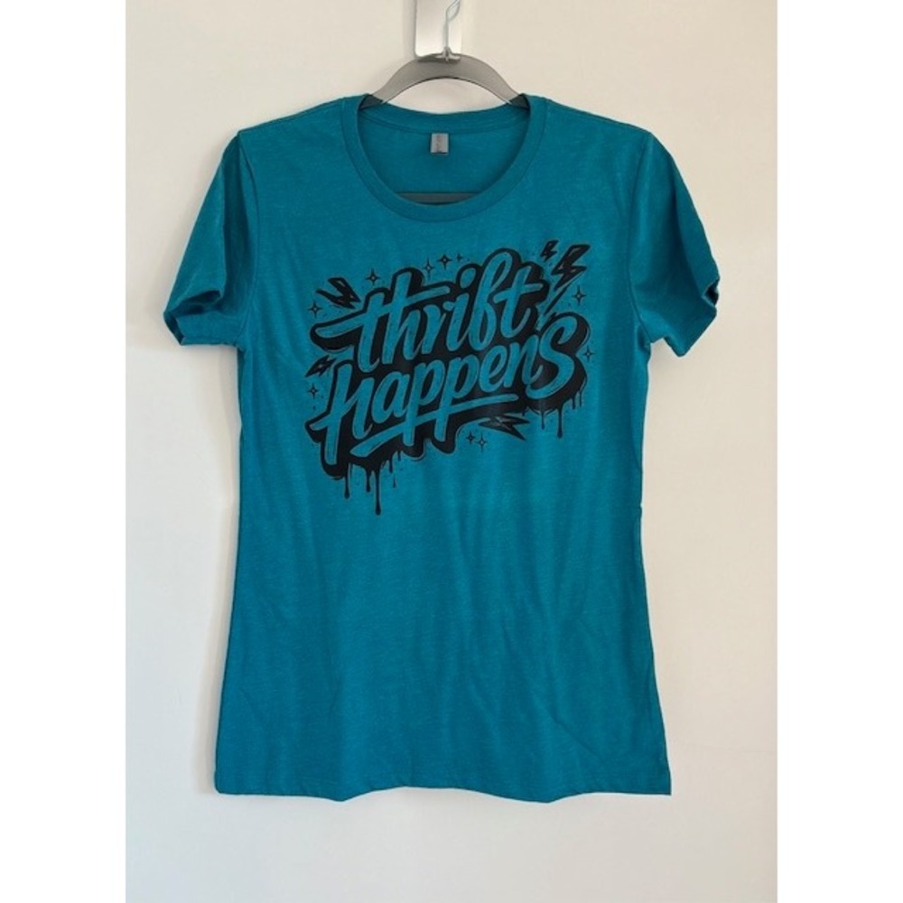 Thrift Happens Teal Heather Graphic T-Shirt Womens Large‎